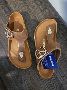 Birkenstock Brown Suede Gizeh Sandals with Gold Buckles